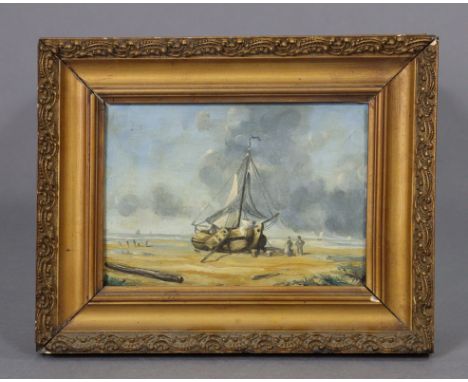 ENGLISH SCHOOL, late 19th century. A beached fishing vessel with figures, unsigned, Oil on oak panel: 5½” x 8”.
