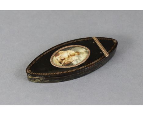 A Georgian tortoiseshell lozenge-shaped patch box with gilt-metal inlay &amp; engraved mounts, the hinged lid inset oval mini