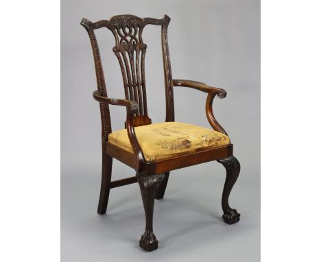 A Chippendale-style carved mahogany armchair, the pierced splat back signed with monogram to reverse &amp; inscribed “Febr. 1