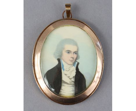 An early 19th century portrait miniature of a gentleman wearing dark jacket, white waistcoat &amp; neckerchief with blue coll