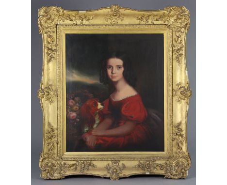 ENGLISH SCHOOL, 19th century. Portrait of a young girl wearing red dress, seated with a spaniel.  Oil on canvas: 30” x 25”, i