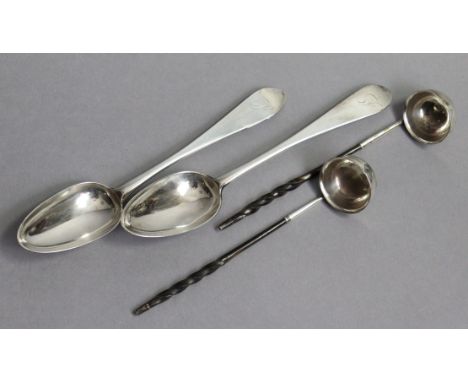 A pair of Scottish George III silver Old English tablespoons, Edinburgh 17? by Alexander Gardner; a George III toddy ladle wi