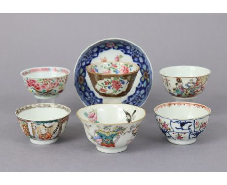 Six various 18th century Chinese porcelain teabowls, including a 3½” diam. teabowl with famille rose decoration of precious o