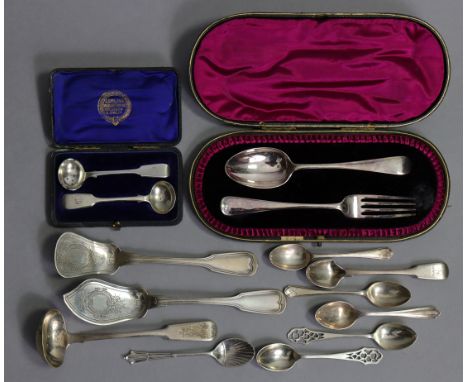 A Scottish provincial silver Fiddle pattern cream ladle by William Ferguson of Elgin, circa 1830; a late Victorian Old Englis