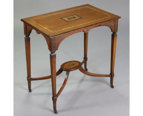 A mahogany rectangular occasional table with ebonised &amp; inlaid decoration &amp; blind-fret carving, on square tapered leg