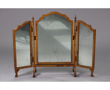 A mahogany frame triple-panel folding dressing mirror with turned finials &amp; shaped supports, 30” wide x 23¾” high.