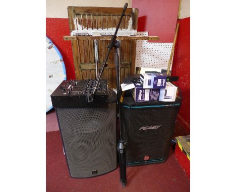 A Peavey HIsys 2XT speaker together with a turbo sound speaker, a Numark mixer and other items 
