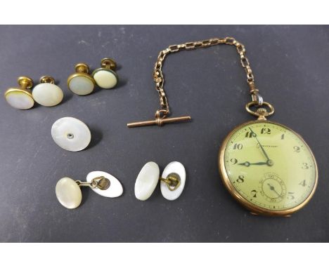 A gold plated Grosvenor open face pocket watch, Arabic dial with subsidiary seconds dial at 6, Swiss made movement, with fob 