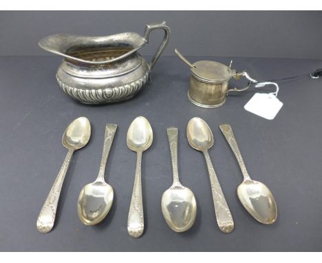 A collection of silver teaspoons, with makers mark 'CH', together with a mustard pot with blue glass liner and silver spoon, 