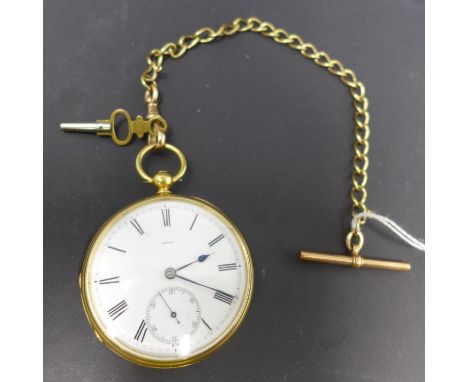 An 18ct yellow gold open face pocket watch, the white enamel dial with Roman numerals, seconds subsidiary dial at 6, blued st