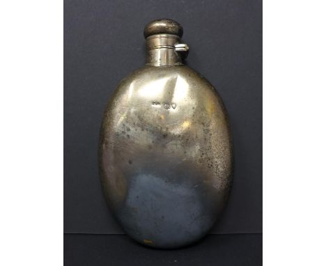 A Victorian silver hip flask, possibly by John Williams Johnson, London 1885, H.12.5cm, approx. 3 troy oz total, with some da