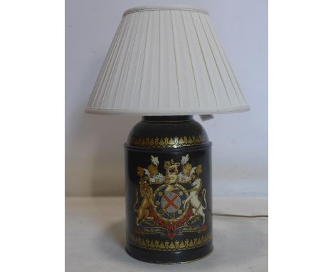 A 19th tole ware tea caddy hand painted with armorial crest, converted to a lamp, H.36cm 