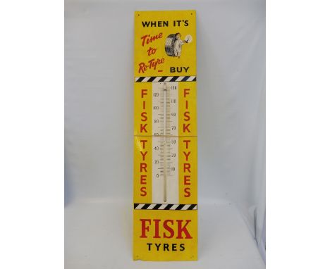 A rare Fisk 'time to re-tyre' advertising thermometer garage sign (damaged tube), 11 x 44".