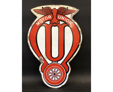 An early and rare Motor Union die-cut double sided hanging enamel sign, with some restoration, mainly to the hanging holes, 1