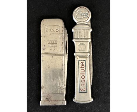 Two Esso/Essolube penknives in the shape of petrol pumps.