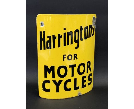 An unusual 'Harringtons for Motor Cycles' curved enamel sign, probably from a lamp post or similar, 9 x 12". 