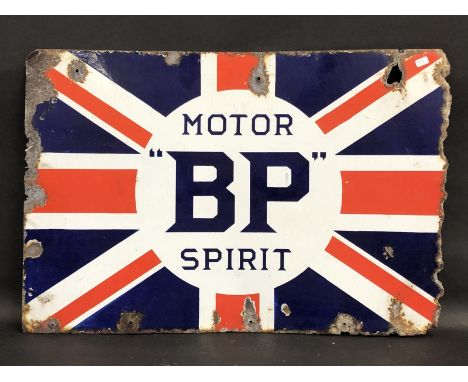 A BP Motor Spirit Union Jack double sided enamel sign by Protector, lacking hanging flange, 24 x 16".