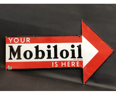 A Mobiloil 'is here' double sided arrow enamel sign in superb condition, 33 x 19 3/4".