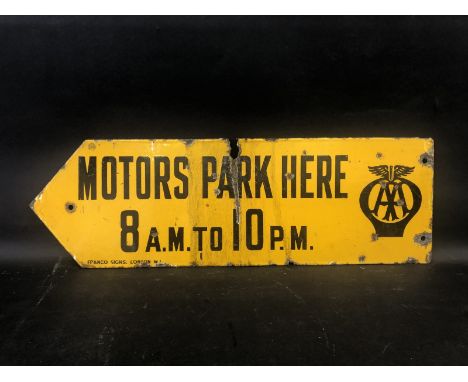 An AA Motors Park Here 8am to 10pm double sided directional enamel sign by Franco, 25 1/2 x 8 1/4".