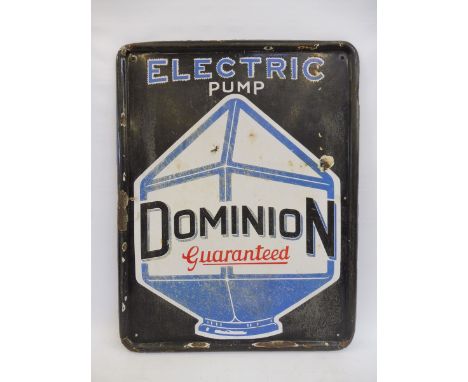 A rare Dominion Guaranteed 'Electric Pump' pictorial enamel sign with central lantern globe image, 24 3/4 x 32".