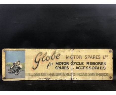 A Globe Motor Spares Ltd part pictorial wooden advertising sign depicting a Norton motorcycle driving at speed, 42 x 12". 