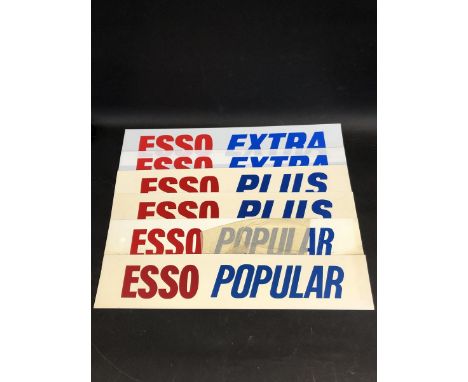 Six Esso plastic petrol pump brand indicators, each 25 x 5". 