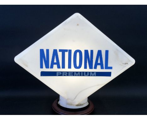 A National Benzole lozenge shaped glass petrol pump globe with 'Premium' sticker to one side, damage to one corner plus chip 