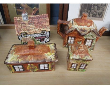 Norwich pottery post office and Kensington Price cottage ware teapot, butter dish and pot