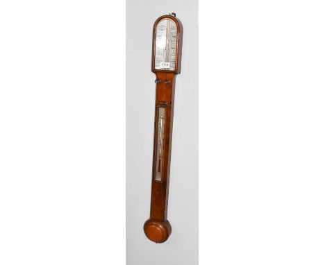 A Victorian walnut stick barometer, twin vernier scale dial, J. C. West &amp; Co, 92 &amp; 93 Fleet Street, London, 92cm high