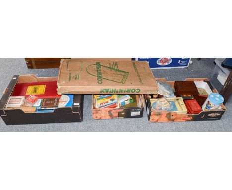 Three boxes of assorted vintage toys and games, including mahogany solitaire board and marbles and bagatelle board in origina