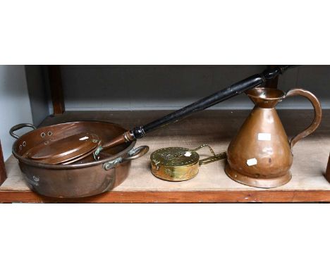A cased lawn croquet set together with a brass measuring jug, planter, bed warming pan and a brass chestnut roaster (5)