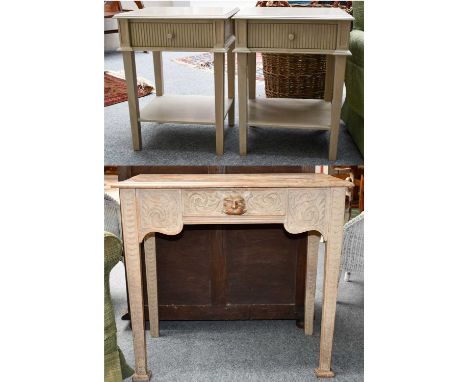 A pair of Oka painted single drawer lamp tables, together with a carved limed oak single drawer side table, 84cm by 46cm by 7