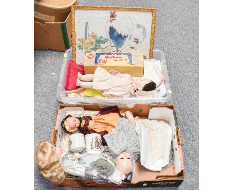 Assorted 20th century dolls, modern bisque doll, Worcester gilt decorated tea wares, textiles, four Pirelli calendars, grey t