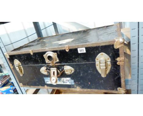 LUGGAGE TRUNK. Large black painted tin luggage trunk, L: 76 cm