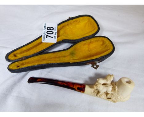 MEERSCHAUM PIPE. Cased Meerschaum pipe with carved mastiffs