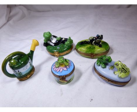 LIMOGES TRINKETS. Five Limoges frog trinket boxes, one A/F CONDITION REPORT: The item at fault is the Millenium Edition, the 