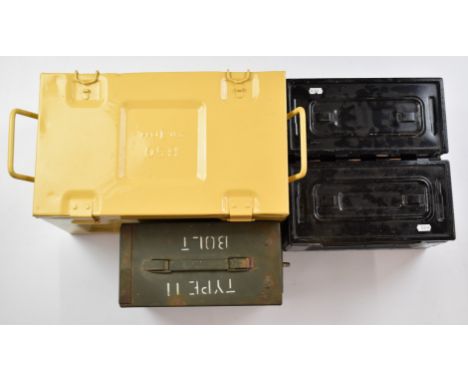 Four metal military style ammunition boxes comprising two stamped US, one marked Type II Bolt and the largest dated 1944 and 