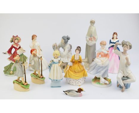 Collection of Royal Doulton, Royal Worcester, Lladro and Beswick figures including Japanese flower arranger, Beswick Peter Sc