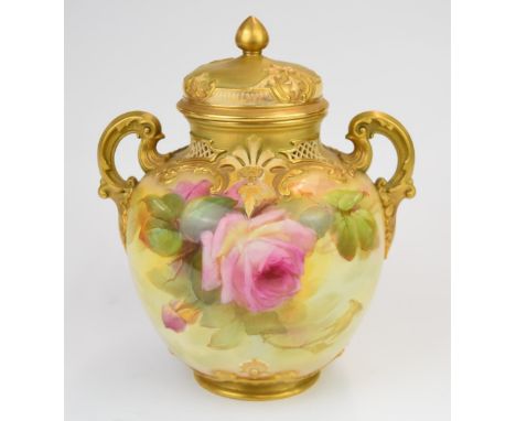 Royal Worcester twin handled covered pedestal pot pourri decorated with roses, signed Sedgley, diameter 24 x H29cm