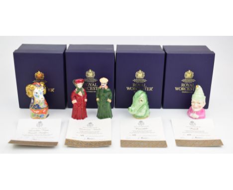 Five limited edition Royal Worcester candle snuffers comprising male and female motorist, Heraldic Ram, crocodile and Punch, 