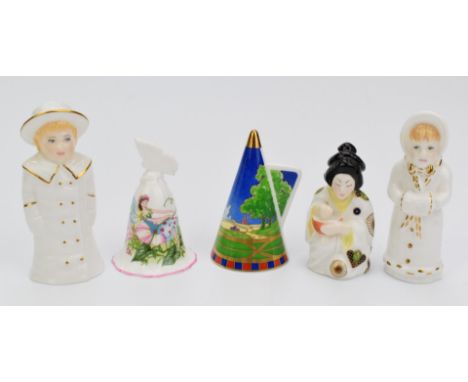 Five Royal Worcester candle snuffers including Girl with Muff, Boy with Boater and Enchantment, tallest 10cm