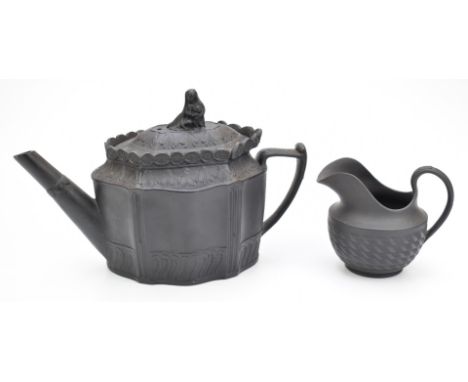 19thC black basalt Castleford teapot with Madonna and child finial and a creamer, probably Wedgwood, tallest 16.5cm