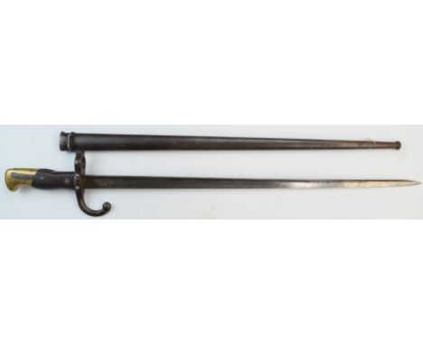 French 1874 pattern Gras bayonet with&nbsp;some good stamps including manufacture date 1879 to 52cm T form blade, with scabba