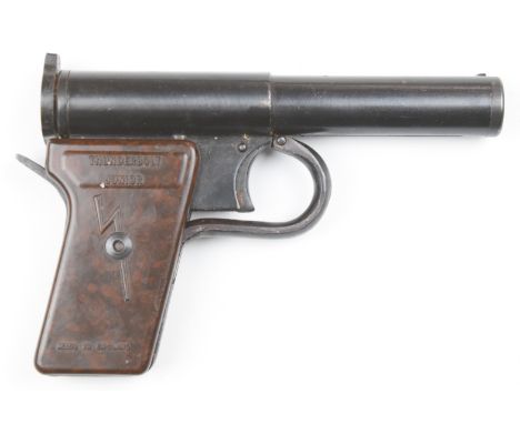 Thunderbolt Junior .177 air pistol with lighting bolt and 'Made in England' to the named Bakelite grips and alignment sights,