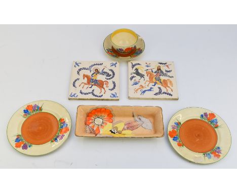 Clarice Cliff for Newport Pottery trio decorated in the Crocus pattern, with additional tea plate, Grays Pottery Art Deco pen