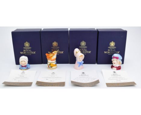 Four limited edition Royal Worcester candle snuffers comprising wren, baby, Judy and Young Girl, all with boxes and certifica