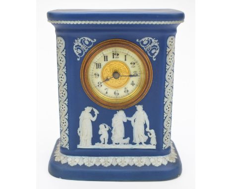 Late 19th/20thC Wedgwood Jasperware mantel clock decorated with classical scenes, height 15.5cm