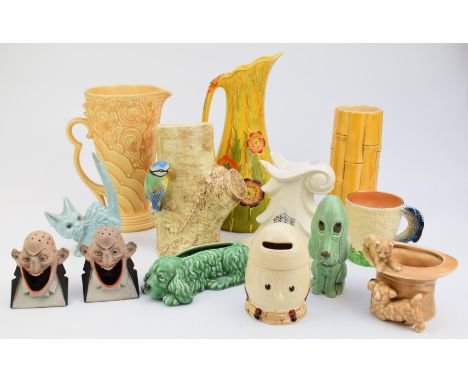 Collection of Art Deco and later ceramics including Carltonware, Crown Devon, Wade and Sylvac and a pair of bisque grotesque 