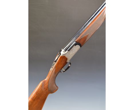 Lanber 12 bore over and under ejector shotgun with engraved locks, trigger guard, underside and thumb lever, chequered semi-p