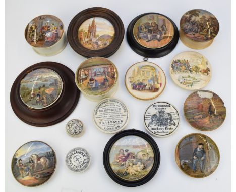 A collection of Prattware and other advertising pot lids including Dr Johnson, peace, On Guard, Harbour of Hong Kong etc